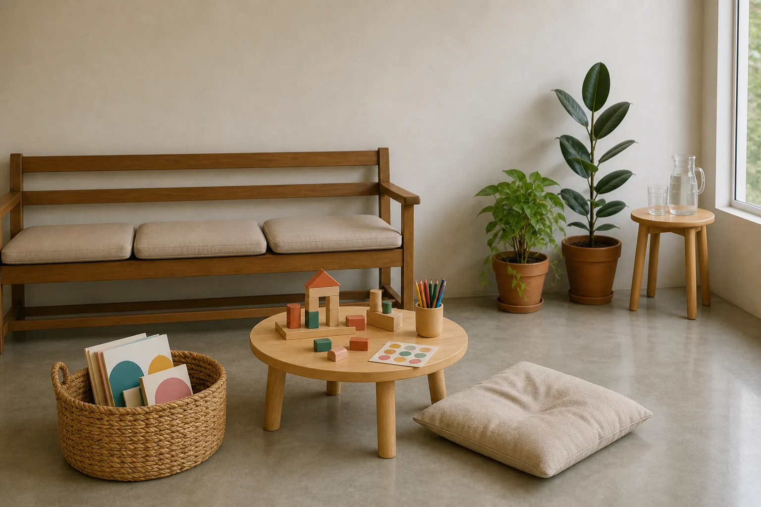 A low corner of the waiting area with wooden blocks, picture books, coloured pencils and a sheet of stickers, with nobody in frame