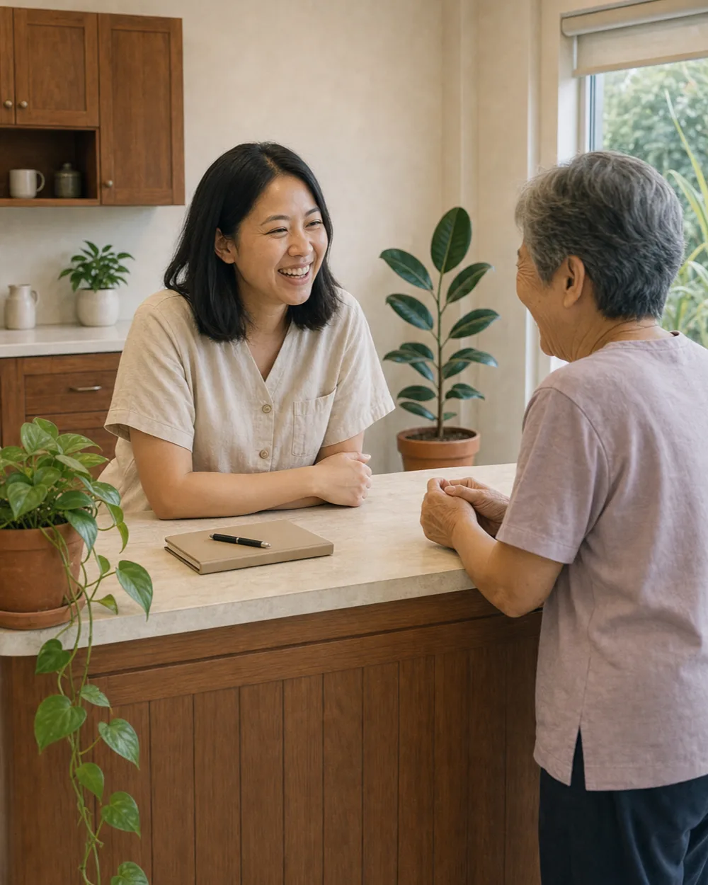May leaning on the wooden reception counter, laughing with an older patient standing at the other side of it