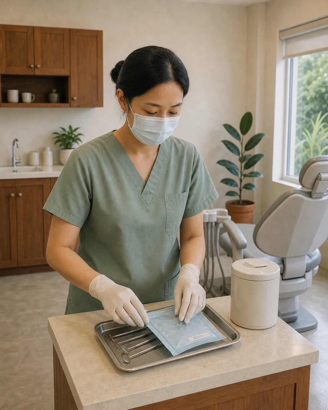 Nicha, masked and gloved, opening a sealed sterilisation pouch over a tray of laid-out instruments on the counter