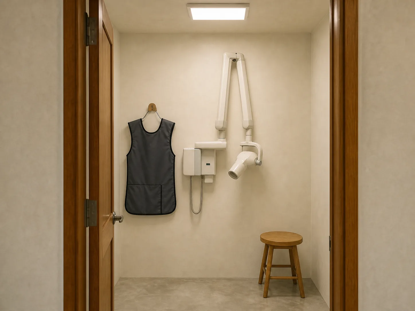 The small digital X-ray room with its door open and a lead apron on a hook