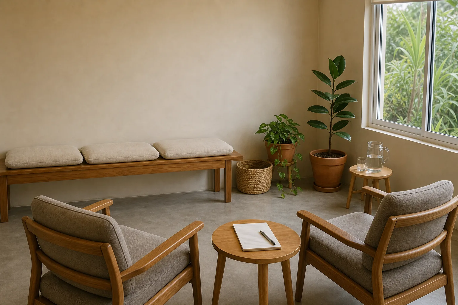 A corner of the clinic with two ordinary chairs and a small wooden table, away from the dental chairs