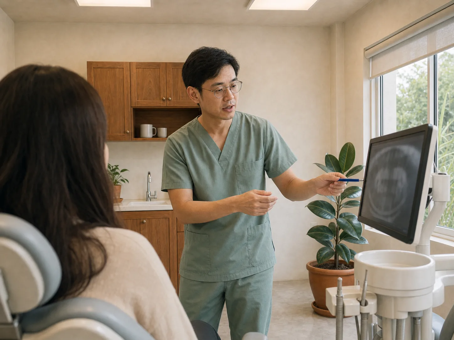 Dr. Nat pointing a pen at an X-ray on a wall-mounted monitor, with a patient's shoulder in the foreground