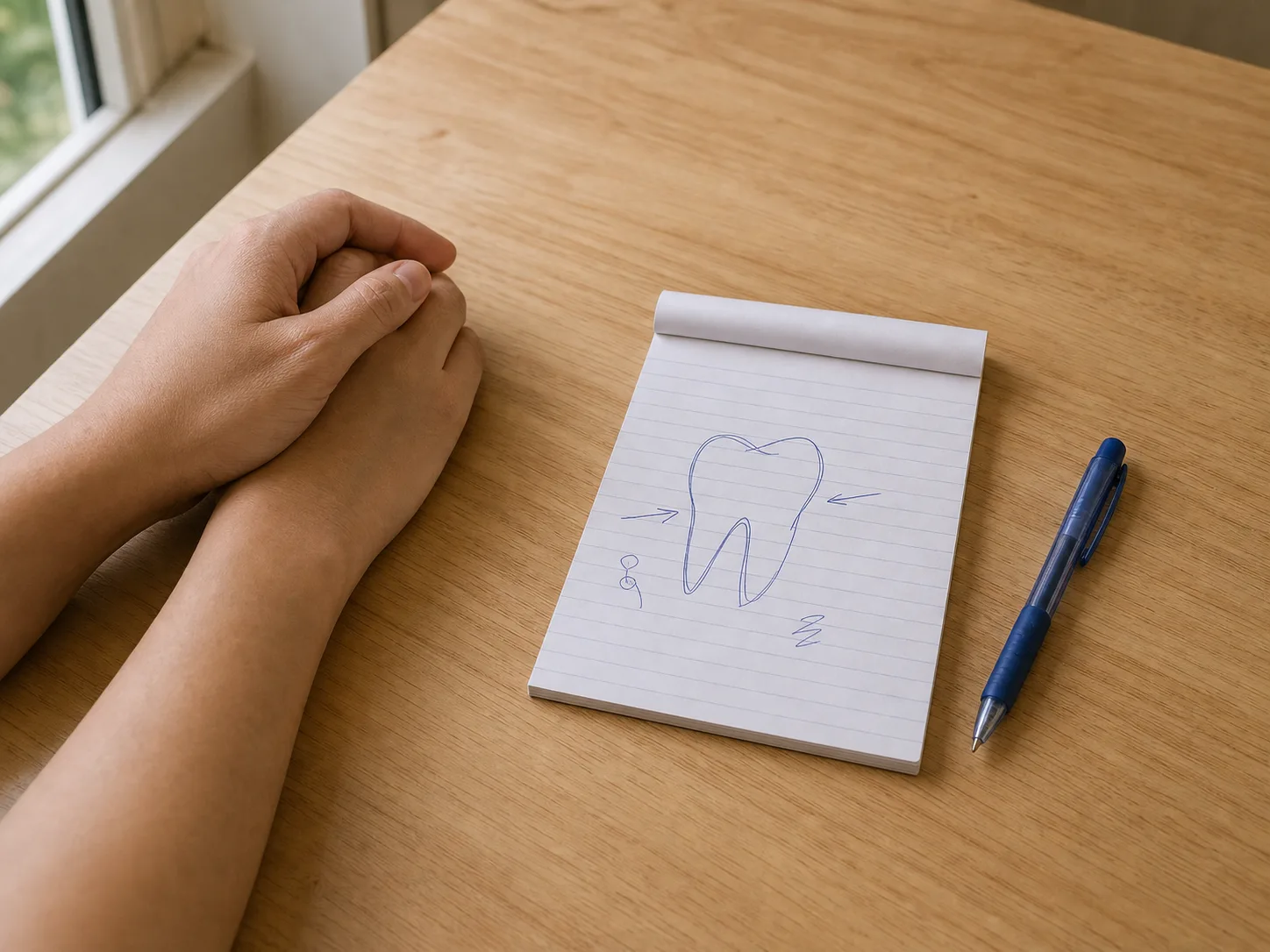 A tooth drawn in blue ballpoint on a lined notepad, with two arrows pointing at it and a small annotation beside it, the pen lying alongside and a patient's hands clasped at the edge of the frame